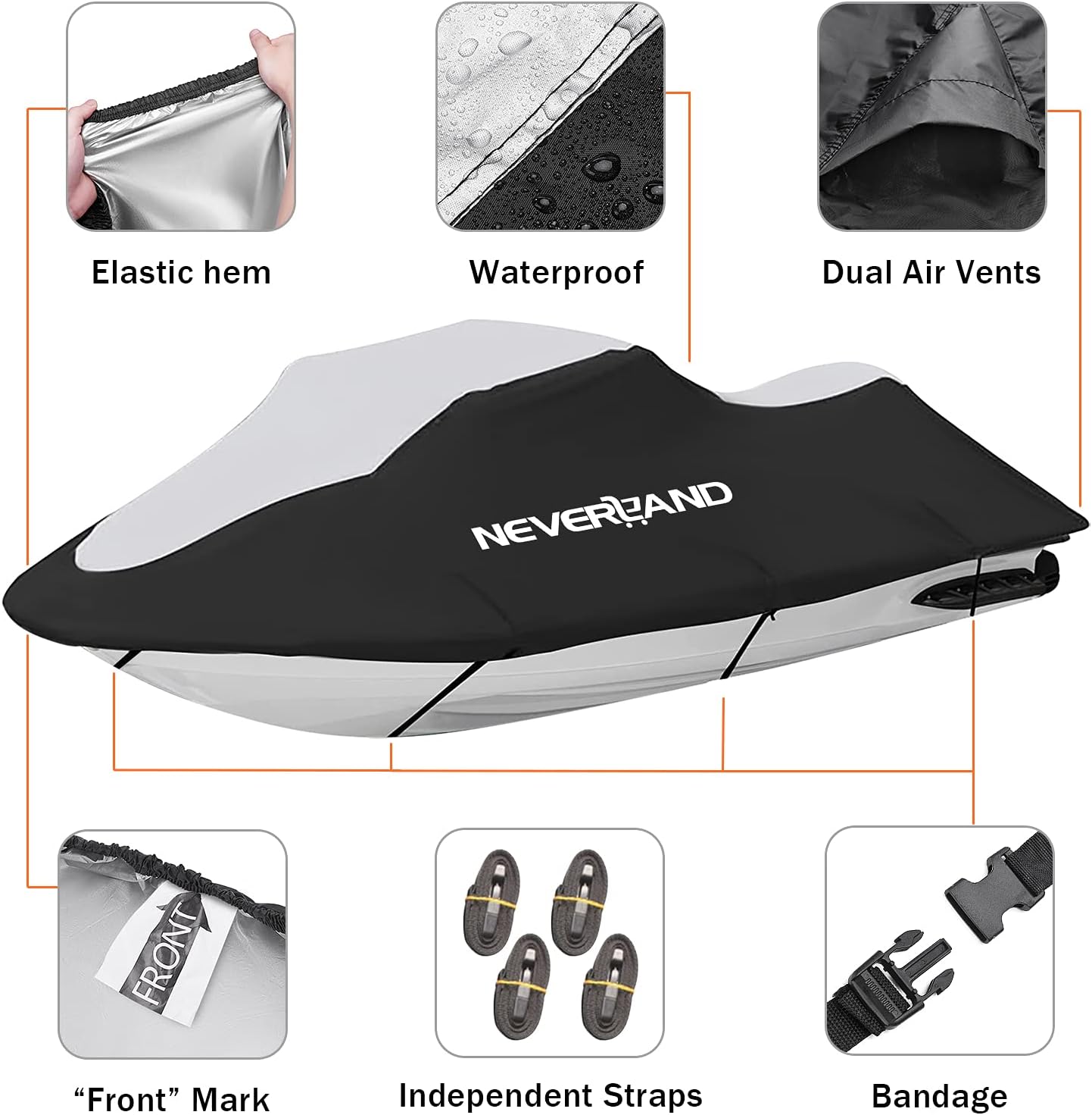 NEVERLAND Jet Ski Cover Suitable for 2 3 Seater Jetski Covers Heavy Duty Waterproof 210D with 2 Air Vent Marine Grade UV Resistant Compatible with Yamaha Sea-Doo Kawasaki Lengths 115'' to 120"